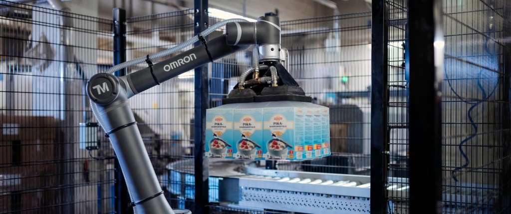 Grain products on pallets after robotic palletizing-crop