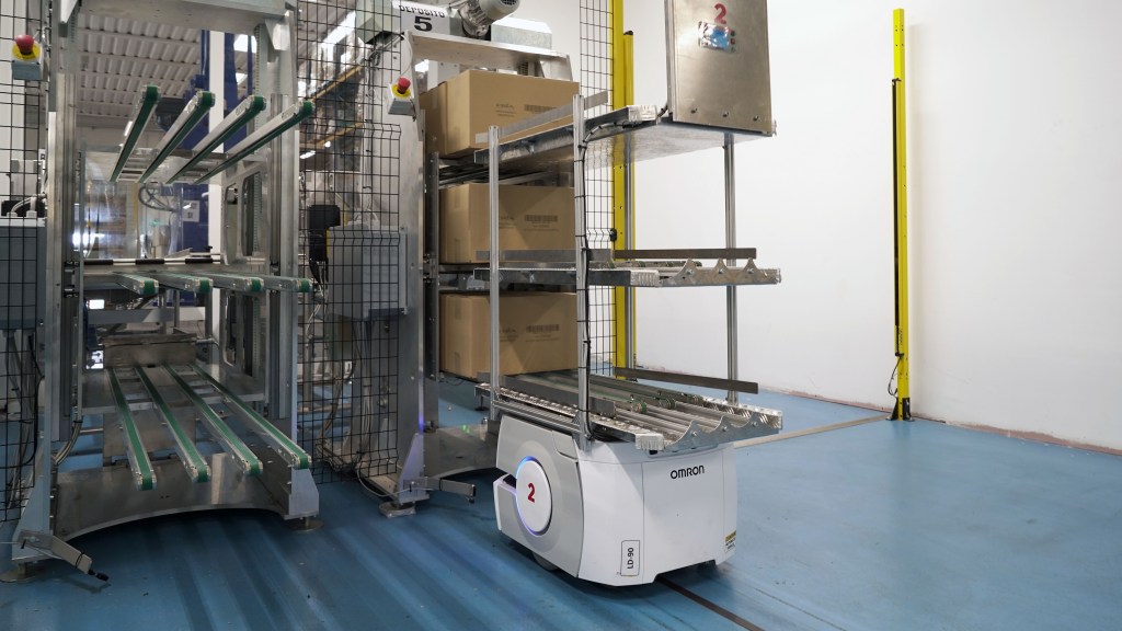 Automated warehouse robots at the loading and unloading station