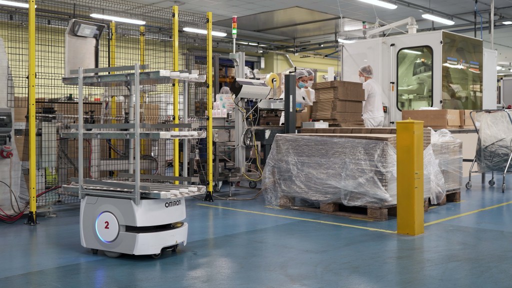 Automated warehouse robots working alongside staff in logistics operations