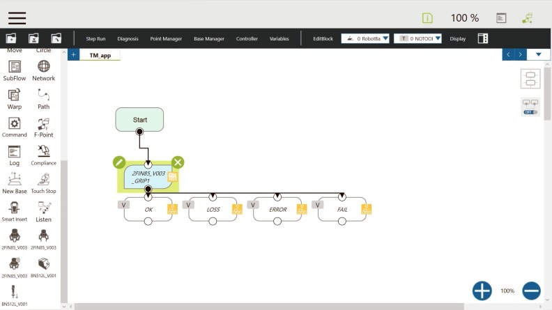 TMflow software drag-and-drop programming screen