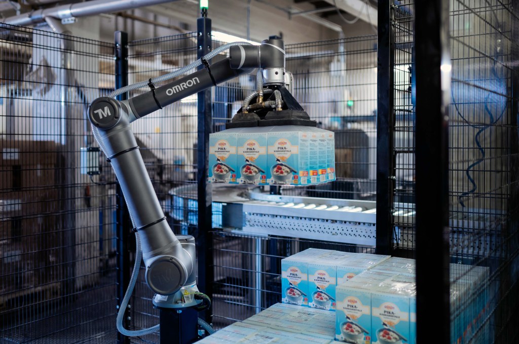 Grain products on pallets after robotic palletizing